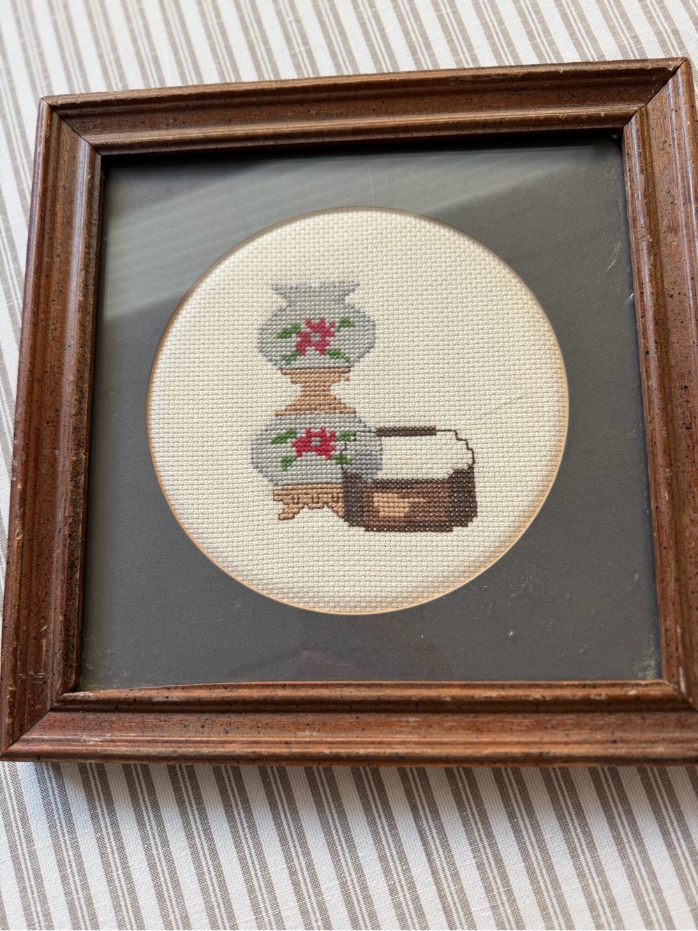 Vintage Framed Cross-Stitch Still Life with Vases and Basket - Brown Frame
